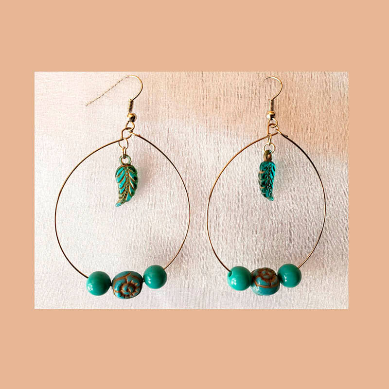 Turquoise Feather Dangle Hoop Earrings.