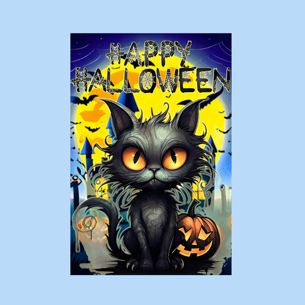 Black Cat For Halloween On A Garden Flag For Yard Decoration.