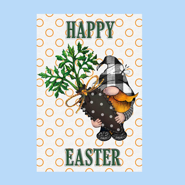 Happy Easter Gnome Holding A carrot On A sublimated Garden Flag.