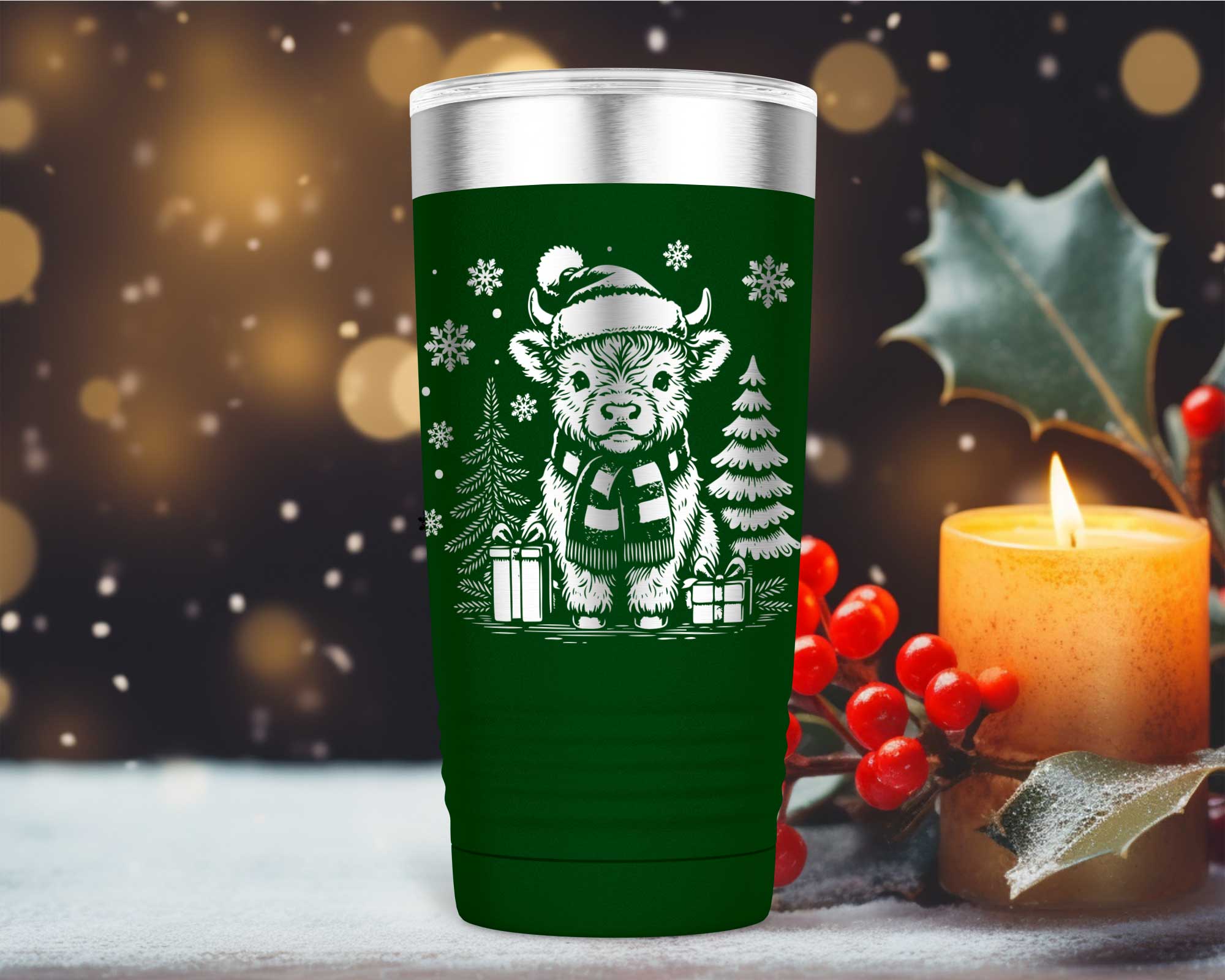 Christmas Green Highland Cow Laser Engraved 20oz Stainless Steel Tumbler